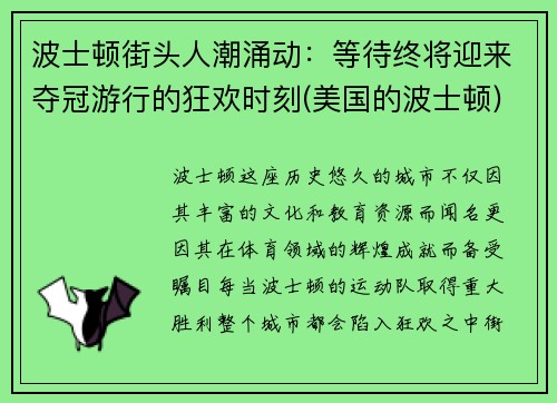 波士顿街头人潮涌动：等待终将迎来夺冠游行的狂欢时刻(美国的波士顿)